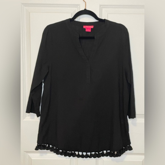 Sunny Leigh Tops - Sunny Leigh Black Cotton Tunic Top Tassel Fringe Hem Split V Neck Size L